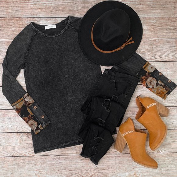 Mineral Wash Long-Sleeve With Floral & Button Detail on Sleeve - Picture 6 of 9